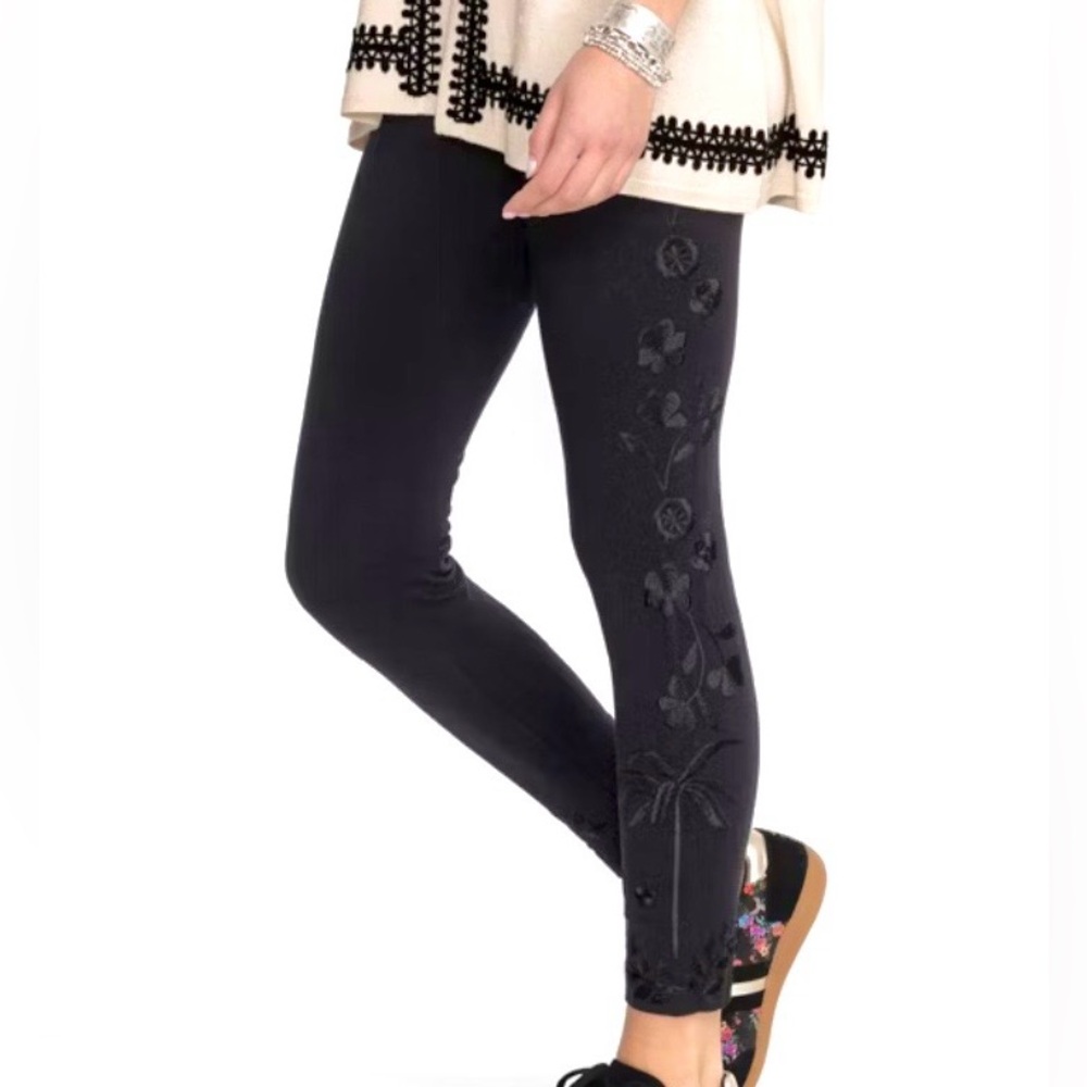 Johnny Was Embroidered Black Leggings - Palm Trees & Flowers XS NWT